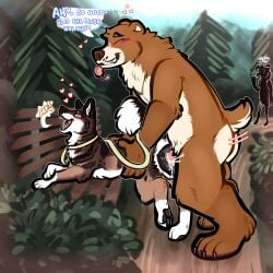 1:1 absurd_res animal_genitalia animal_vulva anthro background_character barking bear bench blush bodily_fluids canid canine canine_genitalia canine_vulva canis caught_in_the_act closed_eyes cum cum_inside deer duo eye_roll female feral genital_fluids genitals grass hi_res hybrid juniper_(fishymishy) looking_pleasured male male/female mammal mishka_(fishymishy) mottled mottled_genitalia mottled_vulva open_mouth pariahpuppy park park_bench path penetration plant public public_sex relieved sex tongue tongue_out tree vaginal_penetration vulva wolf zoophilia