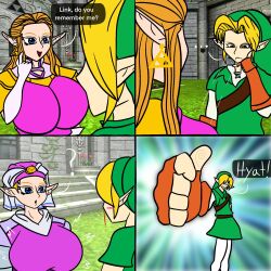 1boy 1girls 4_panel_comic big_breasts blue_eyes breast_focus breasts curvydoodles dress flashback full_breasts funny heavy_breasts huge_breasts humor hylian large_breasts link link_(ocarina_of_time) ocarina_of_time pointy_ears princess_zelda royalty staring_at_breasts text the_legend_of_zelda triforce voluptuous well_endowed young_zelda zelda_(ocarina_of_time)