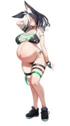 1girls animal_ear_fluff animal_ears big_breasts bikini black_hair black_shoes black_swimsuit breasts female full_body glasses gloves heterochromia kuronyan large_breasts orange_glasses original original_character pregnant pregnant_belly pregnant_female shoes solo swimsuit tattoos thick_thighs thighhighs thighs two-tone_hair white_background white_hair