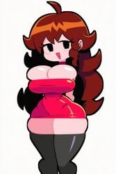 ai_generated auburn_hair bursting_breasts bursting_clothes cowboy_shot friday_night_funkin fully_clothed girlfriend_(friday_night_funkin) huge_breasts kimmythefem long_hair red_dress slim_waist smile solo spilling_breasts thick_thighs tight_clothing wide_hips