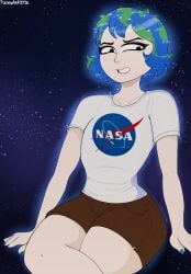 2026 angry_expression angry_face background black_eyes blue_hair brown_shorts earth-chan female galaxy green_hair hi_res highres human humanization humanized nasa no_text_version polxnart_(artist) recolor stars white_shirt