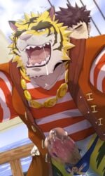 anal balls clothed clothing colored debirobu erection feline hiroyuki_(morenatsu) human male mammal morenatsu muscular penis precum tiger torahiko_(morenatsu) yaoi