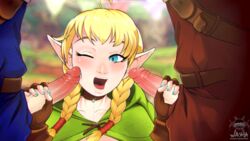 2boys animated braided_twintails clothing cute elf fellatio female hyrule_warriors large_penis linkle multiple_boys nintendo open_mouth oral oral_sex the_legend_of_zelda throat tongue_out washa young_woman