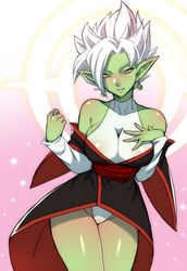 1girls breasts busty cleavage core_person dragon_ball dragon_ball_super female female_zamasu goddess green_skin pointy_ears potara_earrings rule_63 spiky_hair super_saiyan super_saiyan_rose time_ring voluptuous white_hair zamasu