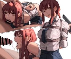 1boy 1girls 2d absurdres after_deepthroat after_oral all_fours anal anal_hook anal_training arms_behind_back bar_censor bare_shoulders bondage bra braid braided_hair braided_ponytail breasts censored chainsaw_man clothes_removed collared_shirt cum cum_in_mouth cum_in_throat deep_blowjob deepthroat duo female fringe ginger gun gunpoint hand_on_head handgun hands_behind_back harris_hero highres hook imminent_deepthroat imminent_oral kneeling large_breasts light-skinned_female light-skinned_male light_skin makima_(chainsaw_man) male mappa necktie office_lady open_mouth oral panties penis petite pointing_gun ponytail questionable_consent rape red_eyes red_hair restrained school_uniform schoolgirl shirt sidelocks simple_background threatening tied_up underwear unusual_anatomy unusual_eyes unusual_pupils weapon white_background white_shirt yellow_eyes