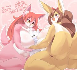 1boy 2girls borrowed_character breasts brown_eyes brown_hair canine fox furry letsuo long_hair multiple_girls pink_hair