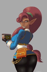 1girls absurd_res alternate_costume artist_signature ass ass_focus big_ass big_hips big_thighs black_bottomwear breath_of_the_wild brown_skin busty clothed clothed_female color colored cosplay cowboy_shot curvy dark-skinned_female dark_skin female female_only gerudo grey_background hair_down hips holding_object long_hair long_sleeves looking_back looking_over_shoulder narrow_waist nintendo pointy_ears princess_zelda_(cosplay) sheikah_slate smile solo solo_focus the_legend_of_zelda thighs thin_waist urbosa very_long_hair voluptuous wide_hips