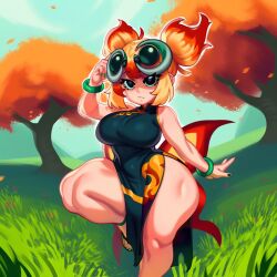 1girls 2d ai_generated ass big_ass big_breasts big_butt big_thighs blonde_hair bracelet breasts chi-yu china_dress chinese_clothes dress eyewear_on_head female female_only foxes_inn goggles goggles_on_head grass green_nails huge_ass huge_breasts huge_butt jewelry large_ass large_breasts large_butt large_thighs looking_at_viewer multicolored_hair nail_polish orange_hair outdoors pelvic_curtain pokemon pokemon_(species) shortstack sleeveless sleeveless_dress solo solo_female thick_ass thick_butt thick_thighs thighs tree twintails wide_hips