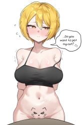 arm_behind_back armpit_crease artist_request averting_eyes black_camisole blonde_hair blush bodypaint bottomless breasts camisole cleavage cleft_of_venus collarbone commentary_request crop_top do_you_want_to_pet_my_cat_(meme) don_quixote_(limbus_company) don_quixote_(project_moon) english_text female heart heart-shaped_pupils highres korean_commentary large_breasts layer_(layer_illust) limbus_company meme navel project_moon pussy pussy_juice short_hair simple_background solo speech_bubble stomach strap_slip symbol-shaped_pupils uncensored white_background