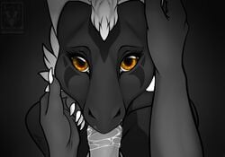 2018 5_fingers anthro black_and_white black_background black_skin claws disembodied_penis dragon duo erection fellatio female first_person_view fur grey_penis hand_on_face horn looking_at_viewer looking_up male male_pov minerea minerea_(pinkdragonlove) monochrome open_mouth oral penis pinkdragonlove saliva scalie sex sharp_claws signature simple_background smooth_horn solo solo_focus spot_color straight watermark white_claws white_fur white_horn wingless_dragon yellow_eyes