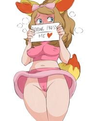 1girls alternate_breast_size areolae between_toes big_breasts blush breasts cameltoe cosplay erect_nipples fake_ears female female_only femsub fennekin_(cosplay) heart heavy_breathing heroine horny_female human human_only innie_pussy inverted_nipples inviting inviting_to_sex looking_away nipples pokemon pokemon_(cosplay) pokemon_xy reach025 serena_(pokemon) sex_request shy shy_female sign solo submissive_female tail text thin thin_female white_background wide_hips willing_sub