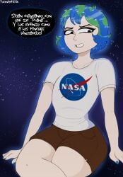 2026 angry_expression angry_face background black_eyes blue_hair brown_shorts earth-chan female galaxy green_hair hi_res highres human humanization humanized nasa polxnart_(artist) recolor spanish_text speech_bubble stars white_shirt