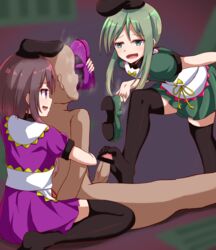 1boy 2girls black_legwear brown_hair censored domination feet femdom footjob footjob_with_legwear green_eyes green_hair hat highres long_hair looking_down malesub multiple_girls nishida_satono open_mouth purple_eyes shoes_removed smell smelling soles standing standing_footjob steam teireida_mai toe_socks toes touhou