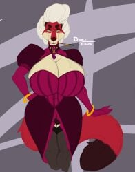 anthro artist_name audrey_delphine big_breasts breasts cleavage clothing dated dress duo_(artist) fox furry gilf hand_on_hip huge_breasts looking_at_viewer mature_female smoking smoking_cigarette tagme wide_hips