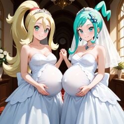 2girls 2pregnancy ai_generated alternate_breast_size blonde_hair blonde_hair_female breasts bride bride_gown bride_veil female female_only green_eyes green_hair gym_leader korrina_(pokemon) lisia_(pokemon) multiple_pregnancies pokemon pokemon_oras pokemon_xy pregnant pregnant_belly pregnant_bride pregnant_female