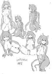 areolae ass breasts character_sheet dated female female from_behind gills long_tongue looking_back monochrome monster_girl nipples nude original pussy sitting solo survival_yaiba tail tongue tongue_out