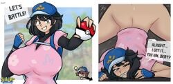action_lines ass ass_up backpack big_breasts black_hair blue_hat blush breasts drool drooling female_pokemon_protagonist female_protagonist_(pokemon_ww) floral_print fully_clothed game_freak gloves grey_eyes huge_boobs huge_breasts instant_loss lightbulb nintendo outdoors partially_clothed pink_shirt pokeball pokemon pokemon_ww silenttandem sweat tan_skin text text_box text_bubble white_border