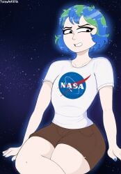 2026 angry_expression angry_face background black_eyes blue_hair brown_shorts earth-chan female galaxy green_hair hi_res highres human humanization humanized nasa no_text_version polxnart_(artist) stars white_shirt