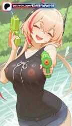 1girls 2026 ai_generated artist_name blush breasts bust chest closed_eyes denim denim_shorts electroworld exposed_nipples female girls'_frontline headgear hi_res high_quality high_resolution highres holding hose long_hair m4_sopmod_ii_(girls'_frontline) multicolored_hair nail_polish nipples nipples_outside open_mouth patreon patreon_username red_hair red_nails see-through shirt shorts smile splashing stable_diffusion streaked_hair water water_gun watermark wet wet_clothes wet_shirt