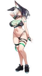 1girls animal_ear_fluff animal_ears big_breasts bikini black_hair black_shoes black_swimsuit breasts female full_body glasses gloves heterochromia kuronyan large_breasts orange_glasses original original_character shoes solo swimsuit tattoos thick_thighs thighhighs thighs two-tone_hair white_background white_hair