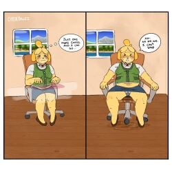 1:1 2026 animal_crossing anthro blonde_hair blush bodily_fluids border canid canine canis chair chubby chubby_anthro chubby_female clothed clothing cyberpawzz dialogue digital_drawing_(artwork) digital_media_(artwork) domestic_dog english_text female female_only footwear fur furniture genital_fluids hair hi_res inner_monologue isabelle_(animal_crossing) mammal nintendo office_chair omorashi overweight overweight_female peeing shih_tzu shoes solo speech_bubble spread_legs spreading sweater sweater_vest text thinking thought_bubble topwear toy_dog typing upskirt urine urine_on_ground urine_pool vest wetting wetting_bottomwear white_border x-ray_view yellow_body yellow_fur