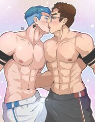 2boys abs blue_hair boxers brown_hair cooljeng gay glasses kissing male_only muscles nipples yaoi