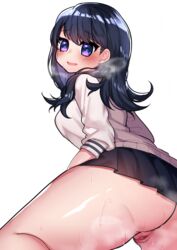 al_bhed_eyes ass bangs black_hair black_skirt blue_eyes blush breasts cardigan censored eyebrows_visible_through_hair female from_behind heavy_breathing long_hair long_sleeves looking_at_viewer looking_back medium_breasts open_mouth osiimi pleated_skirt pussy school_uniform simple_background skirt sleeves_pushed_up smile solo ssss.gridman steam sweat takarada_rikka thick_thighs thighs white_background