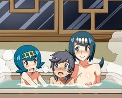 1boy 2girls 2girls1boy age_difference areola bath big_breasts black_hair blue_eyes blue_hair breasts covering_breasts denkishowgun elio_(pokemon) female grey_eyes hairband huge_breasts human human_only imminent_sex imminent_threesome lana's_mother_(pokemon) lana_(pokemon) large_breasts long_hair male milf mob_face mother mother_and_daughter nintendo nipples nude open_mouth pokemon pokemon_sm short_hair sitting small_breasts smile source_request steam straight sweat threesome trial_captain water you_(pokemon)