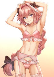 1boy armpits arms_up astolfo_(fate) bra braided_ponytail fate_(series) femboy garter_belt girly hairbow hands_on_head lingerie long_hair looking_at_viewer male male_only mashu_003 multicolored_hair panties pink_bra pink_hair pink_lingerie pink_panties testicle_bulge thighhighs trap