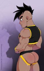 1boy ass back_view biceps black_eyes black_hair bubble_ass bubble_butt charlie_tooga clothing dark-skinned_male dark_skin dragon_ball dragon_ball_gt gay human human_only jockstrap male male_focus male_only muscle muscles muscular muscular_male purple_background solo solo_focus solo_male spanked_butt uncensored underwear uub