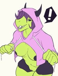 5_fingers belly breasts casual_nudity clothing dragon drawyourfursona exposed female hair hoodie meme nipples nude pink_sweater purple_hair pussy scalie smokeyocity solo twitter_hoodie