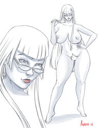 asarkadraws blunt_bangs curvy earrings female glasses greyscale hairy_pussy helena_gearshank hime_cut large_breasts long_hair make_up nipples nude original_character pubes pubic_hair sketch smile smiling solo thick_thighs white_hair