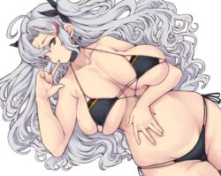 1girls azur_lane bare_shoulders bikini black_bikini black_choker black_panties bokuso breasts choker collar collarbone cross female flag_print german_flag hand_on_own_chest iron_cross large_breasts long_hair looking_at_viewer lying mole mole_on_breast multicolored_hair on_back panties plump prinz_eugen_(azur_lane) red_eyes sideboob silver_hair solo streaked_hair striped striped_bikini swimsuit thigh_strap underwear