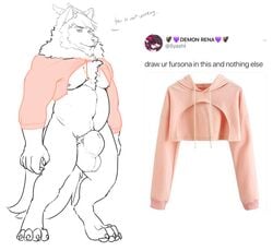 animal_genitalia balls barefoot big_balls bottomless canine chest_tuft claws clothed clothing drawyourfursona facial_fur fur hoodie horn jamesduskwood male male_only mammal mane meme nude pink_sweater pubes sketch slightly_chubby thick_sheath tuft twitter_hoodie