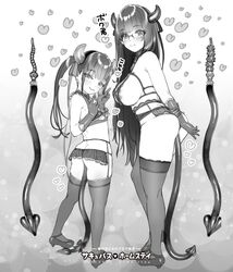 2girls absurdres anal_tail ass black_and_white breasts butt buttplug demon_girl demon_horns demon_tail fake_horns fake_tail garter_belt glasses gloves greyscale highres horns large_breasts long_hair looking_back monochrome multiple_girls ogre_(illustogre) partially_clothed succubus tail thighhighs twintails