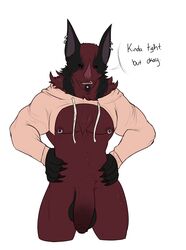 2018 balls bat big_balls big_penis bottomless claws clothed clothing dhalo_(himeros) dialogue drawyourfursona ear_piercing facial_piercing fur himerosthegod hoodie lip_piercing male male_only mammal meme muscular nipple_piercing nipples penis piercing pink_sweater red_eyes red_fur simple_background solo twitter_hoodie uncut white_background