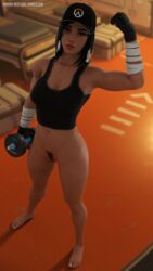 3d abs barefoot baseball_cap black_eyes black_hair blender dark-skinned_female dark_skin feet female female_pubic_hair fingerless_gloves fit flexing gloves gym hat high_resolution looking_at_viewer muscle muscular_female navel navel_piercing overwatch pharah pharah-best-girl piercing pose pubic_hair