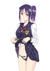 eyebrows_visible_through_hair female kazuno_sarah love_live! love_live!_sunshine!! purple_eyes purple_hair side_ponytail skirt_lift tagme underwear uniform white_background