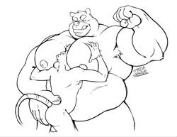 2018 5_fingers anthro balls bara bear belly biceps big_belly big_pecs biped black_and_white black_bear domination duo eyebrows flexing fur furry gay hand_on_butt larger_male male male/male male_focus mammal megawaffle_(artist) monochrome moobs muscles muscular muscular_male nipples nude overweight overweight_male pec_grab pecs rat rodent signature simple_background size_difference smaller_male smile standing stubble thick_eyebrows tongue white_background yaoi