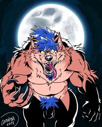 2018 balls blue_hair canine facial_hair fangs flaccid gabshiba goatee hair long_tongue looking_at_viewer male male_only mammal moon muscular muscular_male nipples nude pecs penis shadow sharp_teeth solo teeth tongue tongue_out were werewolf yellow_eyes