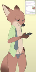 1boy canine clothed clothing dialogue disney fluffytuft fox male male_only mammal nick_wilde panties penis phone sexting solo texting underwear zootopia