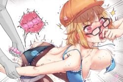 arm_grab arm_held_back ass bent_over big_breasts black-framed_eyewear black_legwear blonde_hair blue_bra blue_panties blush borrowed_character bouncing_breasts bra breasts cross_section dildo ear_blush female fishnet_pantyhose fishnets glasses hat highres large_breasts medium_hair nose_blush object_insertion open_bra open_mouth orange_hat original panties panties_aside pantyhose pink_eyes saliva short_shorts shorts shorts_pull solo_focus sweat tears torn_clothes torn_pantyhose trembling underwear vaginal_object_insertion vaginal_penetration wet.elephant x-ray