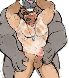 2017 2boys 5_fingers amulet anthro anthro_on_anthro azure_(bluedude) balls big_pecs black_nose blush bottomless clothed clothing domination duo erection facial_hair fur furry goatee humanoid_penis hyena hyenaface hypnosis male male_only maledom mammal mephitid mind_control muscles muscular muscular_male necklace nude pecs penis penis_under_shirt pink_nose simple_background skunk smile spiral_eyes submissive_male testicles tongue tongue_out translucent transparent_clothing white_background yaoi