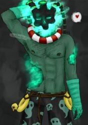 bara body_hair bone gauntlets glowing glowing_eyes green_skin league_of_legends male male_only monster muscles muscular muscular_male n3m0xx nipple_piercing piercing pool_party_thresh riot_games scar skull smoke solo swim_trunks swimwear thresh yaoi