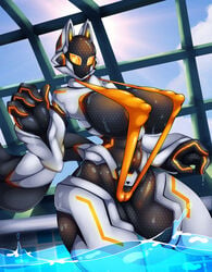 2019 absurd_res amputee android anthro areola armor artist-apprentice587 big_breasts bikini bodily_fluids breasts camel_toe canid canine clothing cybernetics disability dripping eyeless faceless female fox genital_fluids hi_res huge_breasts kitsumy_(artist-apprentice587) machine mammal nipples robot sling_bikini solo swimwear thick_thighs wet