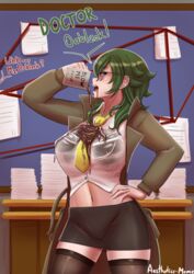 1girls aestheticc-meme bartholomew_oobleck black_skirt breasts coffee female glasses green_hair hand_on_hip rule_63 rwby see-through skirt solo standing text thighhighs wet wet_clothes