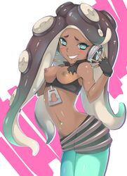 abstract_background animal_humanoid areolae beauty_mark blush breasts breasts_out crop_top dark-skinned_female dark_skin edit exposed_breasts eyelashes female female_only fingerless_(marking) fingerless_gloves front_view gloves green_eyes headphones highres long_hair marina_(splatoon) marine_humanoid medium_breasts midriff mokkosu. mole mole_under_mouth navel navel_piercing nintendo nipples octoling perky_breasts piercing smile solo splatoon splatoon_2 tentacle_hair third-party_edit toned torn_clothes very_long_hair zipper_pull_tab