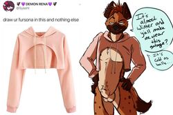 2018 animal_genitalia black_nose bottomless clothed clothing drawyourfursona ear_piercing fur hoodie hyena male male_only mammal meme piercing pink_sweater pubes sketch twitter_hoodie yeenr