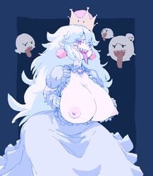 1girls 4others ambiguous_gender animal_ears boo_(mario) boosette breasts breasts_out clothing dress female female_focus huge_breasts long_hair looking_at_viewer luigi's_mansion mario_(series) new_super_mario_bros._u_deluxe nintendo nipples open_mouth sharp_teeth simple_background smile standing super_crown tagme teeth tongue tongue_out very_long_hair yev-san