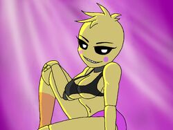 black_bra cabezilla cleavage five_nights_at_freddy's five_nights_at_freddy's_2 hand_drawn hand_on_knee pink_background robot robot_girl sitting_down small_breasts smiling solo toy_chica_(fnaf) underboob white_eyes